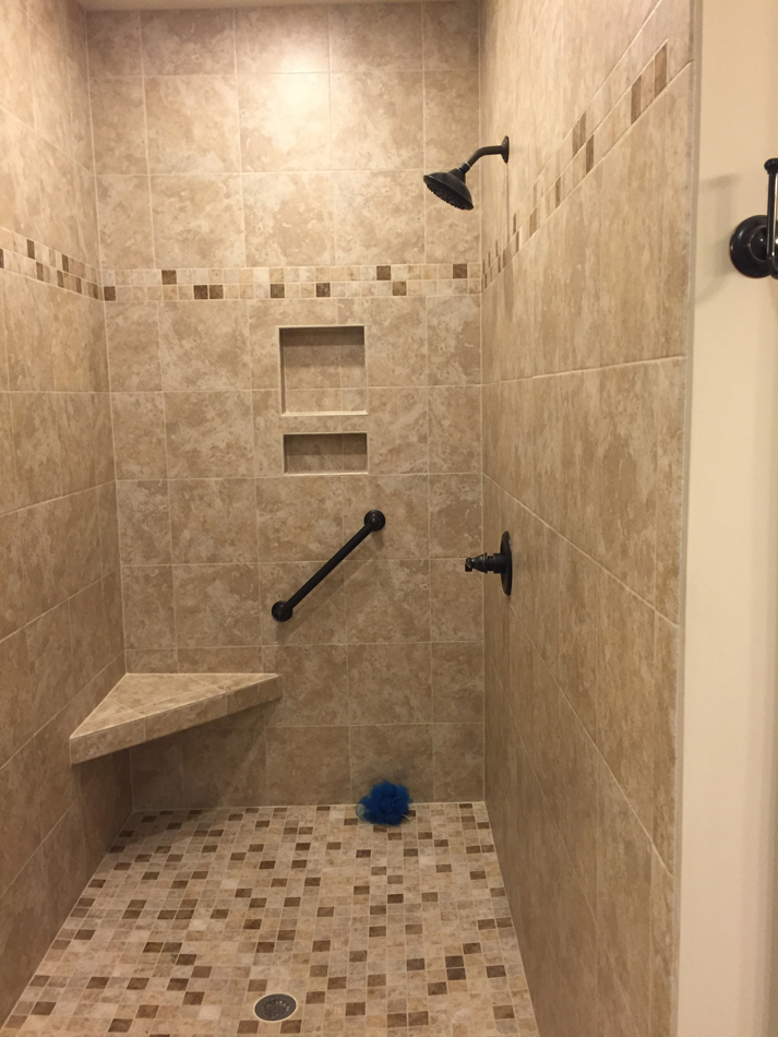 Custom Shower: American Olean 12×12 tiles, 3×12 bullnose tiles and 2×2 mosiac tiles